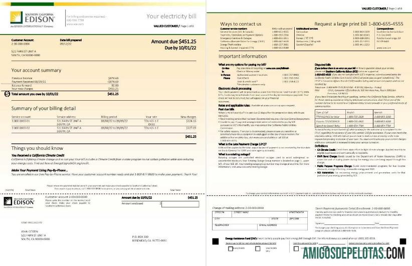 imprimível Conta de serviços públicos EDISON do sul da Califórnia dos EUA, modelo Word e PDF, 8 páginas 1 2